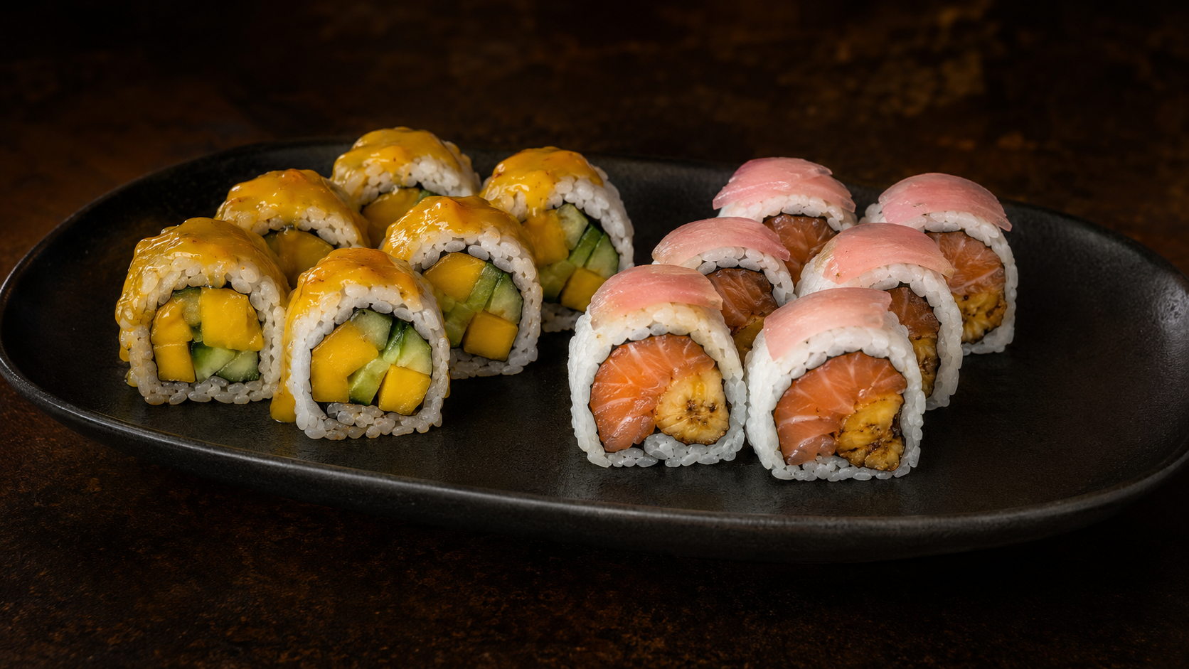 Assortiment de Yassa Mango Rolls et de Saumon Plantain Rolls présenté sur une assiette noire